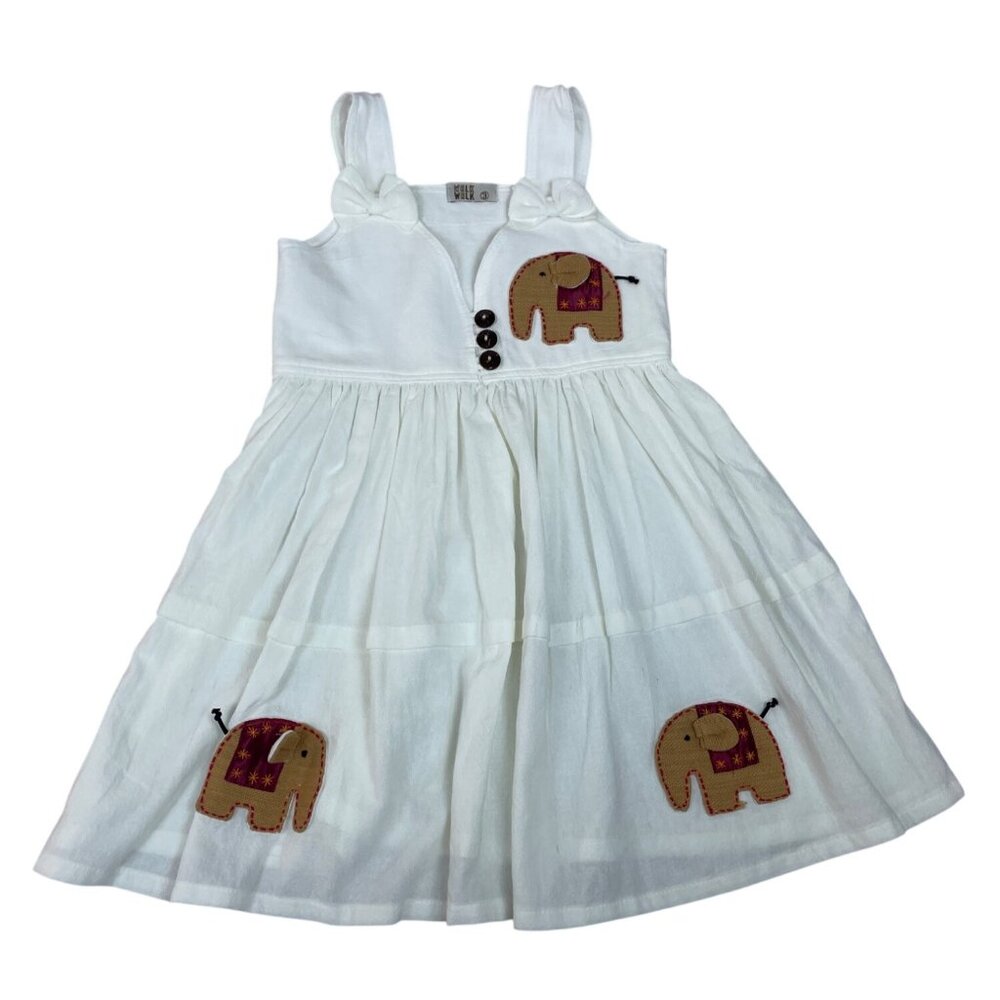 Walk Walk White Sleeveless Dress With Elephant Appliqué & Button Details Sz 3